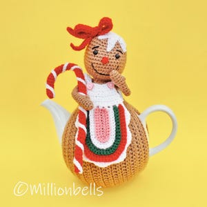 Padrão de crochê em PDF para chá de gengibre da Srta. Gingerbread, decoração de Natal para casa e cozinha, capa para bule