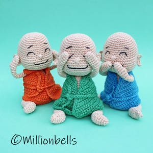 Mini Boneca Amigurumi Buda PDF Padrão de Crochê Brinquedo Veja Ouça Fale Não Mal Bonecas