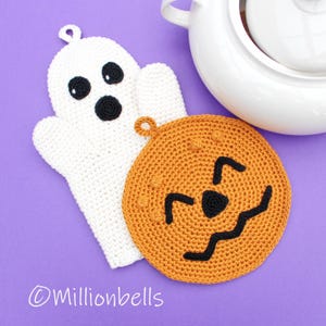 Oven Mitt Ghost & Potholder Pumpkin Crochet Pattern PDF Kitchen Set Halloween Decor