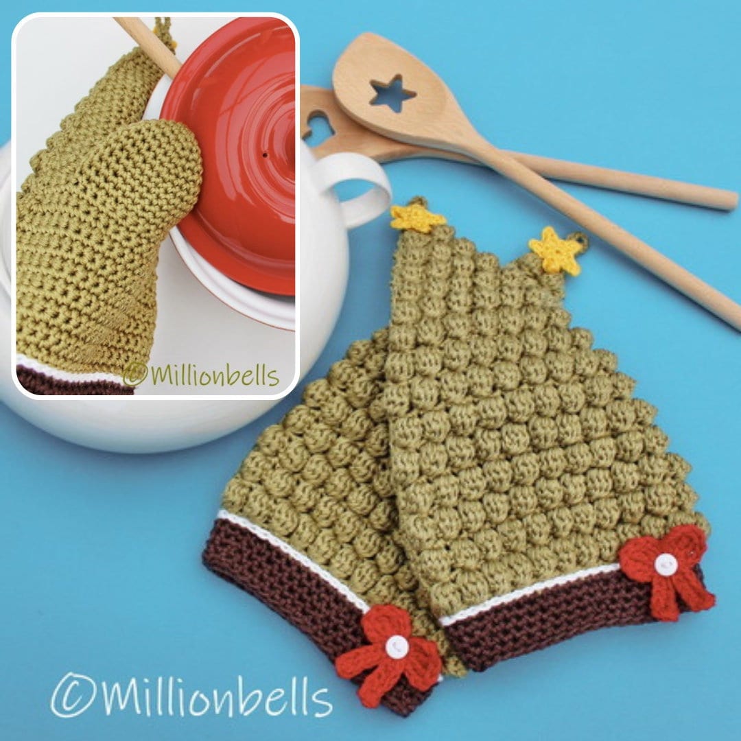 Christmas Tree Oven Mitts Crochet Pattern PDF Kitchen Decor Potholders Xmas Festive Holidays