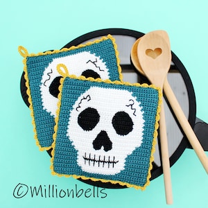 Skull Potholders PDF CROCHET PATTERN Kitchen Decor Halloween Creepy Skeleton Hot Pad Tapestry