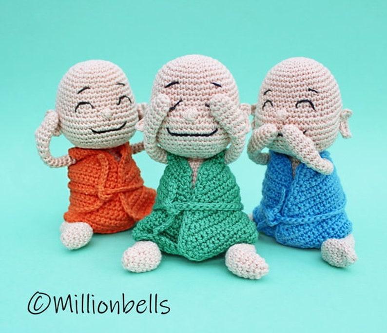 Buddha Mini Amigurumi Doll PDF Crochet Pattern Toy See Hear Speak No Evil Dolls image 1