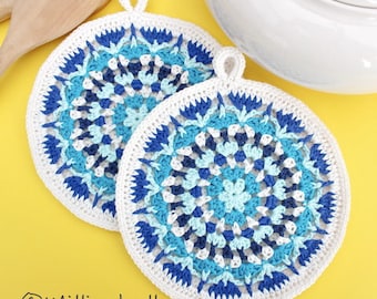 Blue Mandala Potholders Crochet Pattern PDF Kitchen Hot Pad Boho Vintage Retro