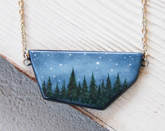 Hand painted pendant Night sky necklace Nature lover gift For traveler Adventurer Mountains jewelry Chain Trending Woman Wife Blue Forest