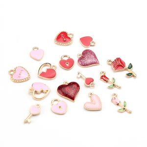 32pcs Assorted Enamel Heart Rose Charms, Love Pendants, Earring Charms