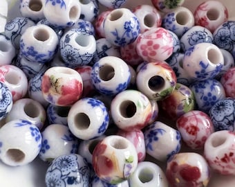 Wintersweet Flower Porcelain Beads: 6mm Round Ceramic Beads, 40pcs