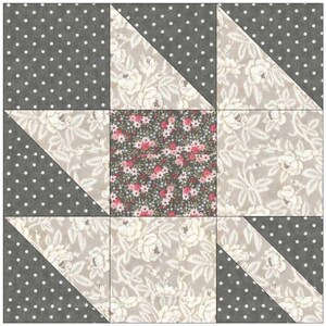 Puede incluir: Un bloque de colcha con un dise&ntilde;o de estrella. El centro del bloque es un estampado floral en tonos de rosa, verde y blanco. Los cuadrados circundantes son una tela gris con lunares blancos. Los tri&aacute;ngulos son un estampado floral en tonos beige y blanco.