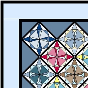 May include: A square quilt featuring a grid of nine diamond-shaped blocks, each containing a star pattern. The blocks are colored in shades of blue, pink, yellow, red, and brown, separated by black lines and framed by a light blue border.