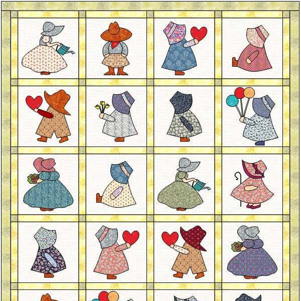 Courtepointe Sunbonnet Sue et Global Sam - Modèle de courtepointe PDF numérique - Courtepointe Twin Size - Téléchargement instantané - courtepointe pour enfant - Applique - Patchwork