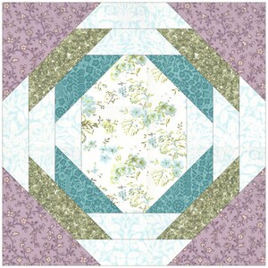 Peut inclure: Un bloc de courtepointe carr&eacute; avec un motif en losange. Le centre pr&eacute;sente un tissu floral blanc avec des fleurs bleues et vertes. Autour, des tissus &agrave; motifs sarcelle, verts et lavande cr&eacute;ent un design g&eacute;om&eacute;trique. Id&eacute;al pour les projets de courtepointe.