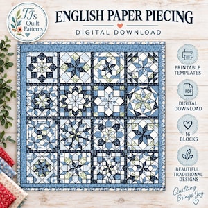 May include: A digital download for English Paper Piecing quilt patterns featuring sixteen square blocks with blue, white, and green star and geometric designs. The text reads English Paper Piecing, Digital Download, Printable Templates, and 16 Blocks.
