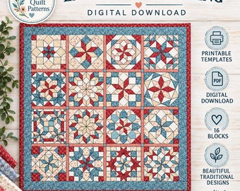 Starry Sampler Quilt Pattern | English Paper Piecing (EPP) PDF | 16 Star Blocks | 59" x 59" Quilt | Instant Download