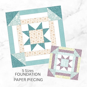 May include: Two colorful quilt blocks with star designs. The larger block features teal, white, and floral patterned fabric. The smaller block has purple, green, and floral patterns. Text at the bottom reads "5 Sizes FOUNDATION PAPER PIECING."