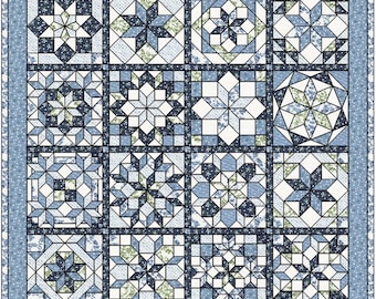 Star Sampler Quilt Paper Pattern: English Paper Piecing, 16 Unique Blocks, Blue Version