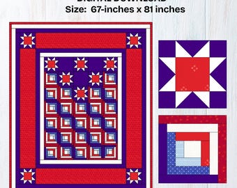 May include: Digital download of a foundation paper piecing quilt pattern. The design features a red, white, and blue colour scheme with star and square motifs. The finished quilt size is 170 cm x 206 cm.