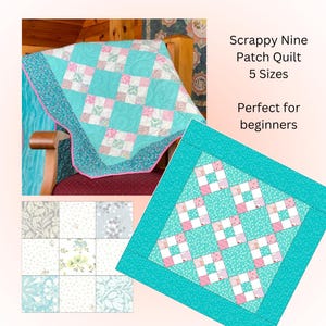 Easy Quilt Pattern, digital PDF download - Nine patch quilt / 9-Patch / 5-sizes / beginner friendly