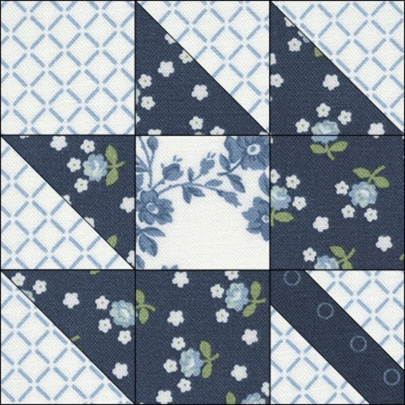 Puede incluir: Un bloque de colcha con un patr&oacute;n floral azul y blanco. El bloque est&aacute; formado por nueve cuadrados m&aacute;s peque&ntilde;os, cada uno con un patr&oacute;n diferente. El cuadrado central es blanco con un dise&ntilde;o floral azul. Los cuadrados circundantes son azules con dise&ntilde;os florales blancos. El bloque es un patr&oacute;n de colcha tradicional.