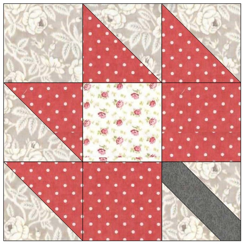 Puede incluir: Un bloque de colcha con una tela de lunares rojos y blancos, una tela floral y una tela gris. El bloque est&aacute; hecho de tri&aacute;ngulos y cuadrados.