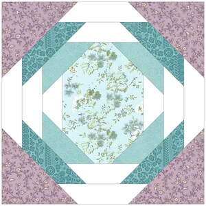 Peut inclure: Un bloc de patchwork avec un carr&eacute; central en tissu floral bleu clair. Le motif incorpore du tissu &agrave; motifs turquoise et lavande, cr&eacute;ant un motif g&eacute;om&eacute;trique avec des accents blancs. Le bloc fait probablement partie d'une plus grande courtepointe.