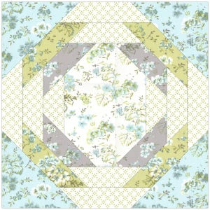 Peut inclure: Un bloc de courtepointe carr&eacute; avec un motif floral dans les tons de bleu, vert et gris. Le motif pr&eacute;sente une forme de losange central entour&eacute;e de formes g&eacute;om&eacute;triques superpos&eacute;es. Les tissus ont une esth&eacute;tique d&eacute;licate et vintage.