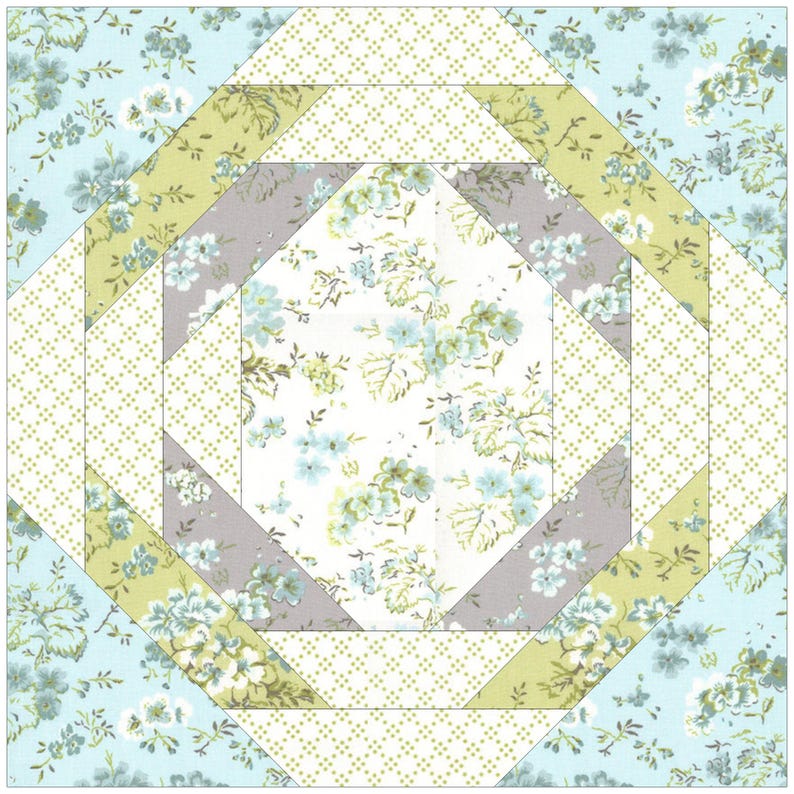 Peut inclure: Un bloc de courtepointe carr&eacute; avec un motif floral dans les tons de bleu, vert et gris. Le motif pr&eacute;sente une forme de losange central entour&eacute;e de formes g&eacute;om&eacute;triques superpos&eacute;es. Les tissus ont une esth&eacute;tique d&eacute;licate et vintage.