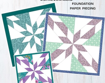 Double Hunter's Star Quilt Block Pattern, FPP, 3 Sizes (PDF Download)