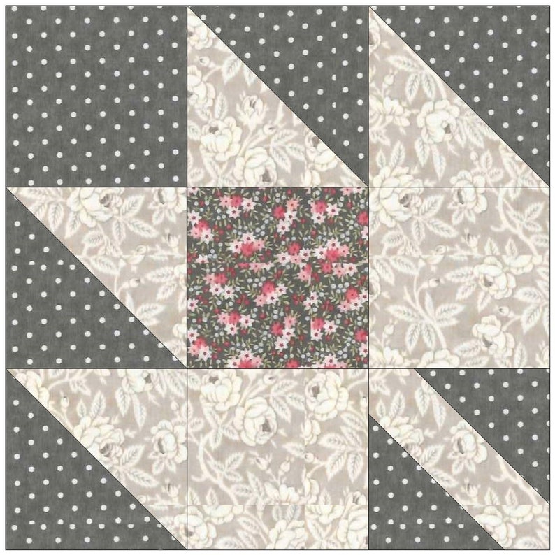 Puede incluir: Un bloque de colcha con un dise&ntilde;o de estrella. El centro del bloque es un estampado floral en tonos de rosa, verde y blanco. Los cuadrados circundantes son una tela gris con lunares blancos. Los tri&aacute;ngulos son un estampado floral en tonos beige y blanco.