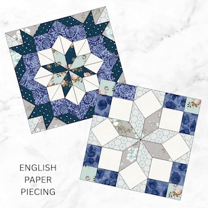 Puede incluir: Dos bloques de patchwork de papel inglés. Los bloques presentan un diseño de estrella con telas blancas, azules y estampadas con flores. El texto "ENGLISH PAPER PIECING" está debajo.