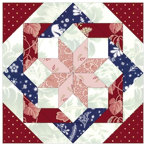 May include: A quilt block with a star design in shades of pink, red, white, and blue. The star is surrounded by a border of red, white, and blue fabric.