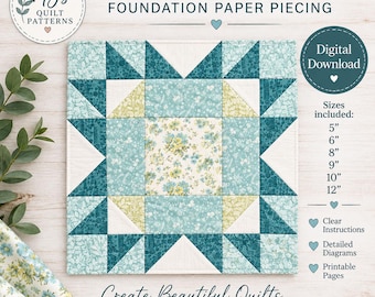 Star Quilt Block Pattern | FPP Foundation Paper Piecing PDF | 5 Sizes | Geometric Star Quilt Block | Instant Download