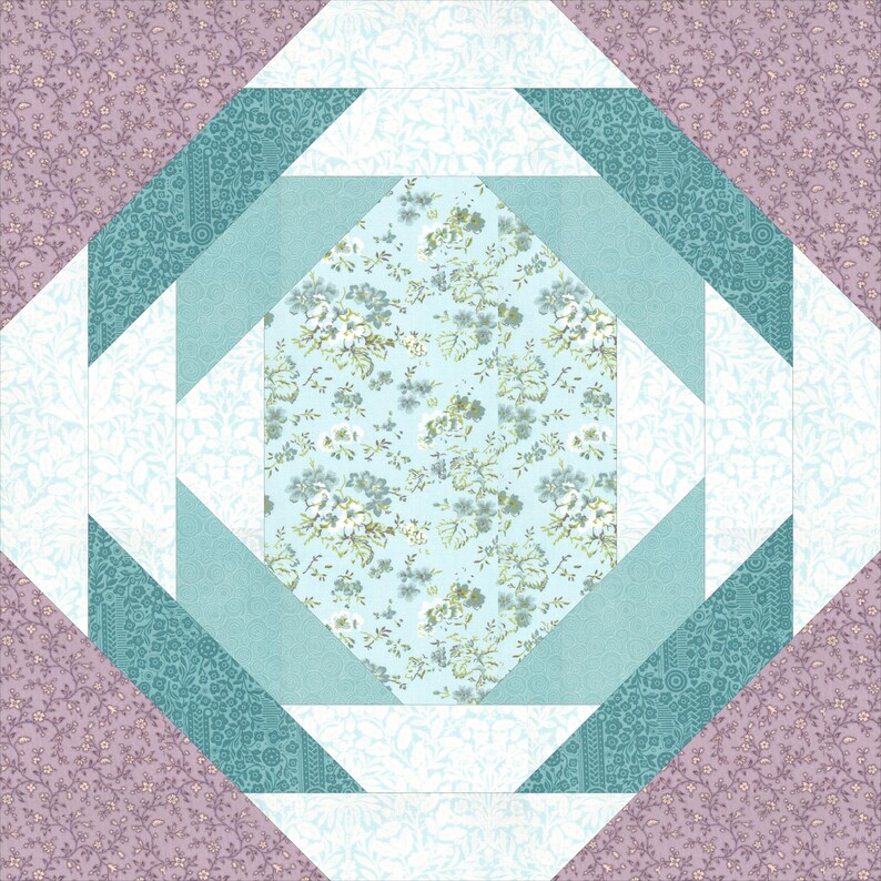 Peut inclure: Un bloc de patchwork carr&eacute; avec un motif floral central bleu clair, entour&eacute; de formes g&eacute;om&eacute;triques turquoise, blanches et lavande. Le motif pr&eacute;sente un losange avec un centre floral et un motif floral r&eacute;p&eacute;t&eacute; dans les coins.