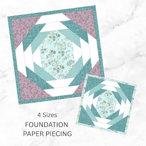 Peut inclure: Deux patrons de patchwork carr&eacute;s pour le papier de fondation. Le grand quilt a un centre floral, entour&eacute; de tissu blanc, sarcelle et violet. Le petit quilt est une version miniature. Texte: 4 tailles, FONDATION PAPER PIECING.