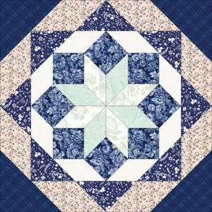 May include: A blue and white quilt block with a star design. The star is made up of smaller squares and triangles. The background is a light blue color.