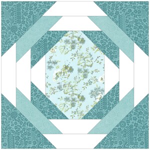 Peut inclure: Un bloc de quilt carr&eacute; avec un motif floral central bleu clair, entour&eacute; de formes g&eacute;om&eacute;triques turquoise et blanches. Les sections turquoise pr&eacute;sentent un motif floral et tourbillonnant. Le design est sym&eacute;trique et attrayant.