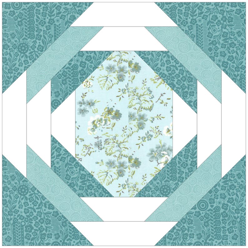 Peut inclure: Un bloc de quilt carr&eacute; avec un motif floral central bleu clair, entour&eacute; de formes g&eacute;om&eacute;triques turquoise et blanches. Les sections turquoise pr&eacute;sentent un motif floral et tourbillonnant. Le design est sym&eacute;trique et attrayant.