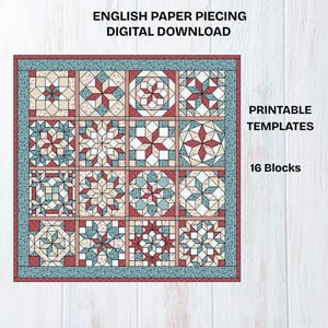 Starry Sampler English Paper Piecing Quilt Pattern: 16 Unique Blocks (PDF Download, 59&quot; x 59&quot;, EPP, Printable Templates)