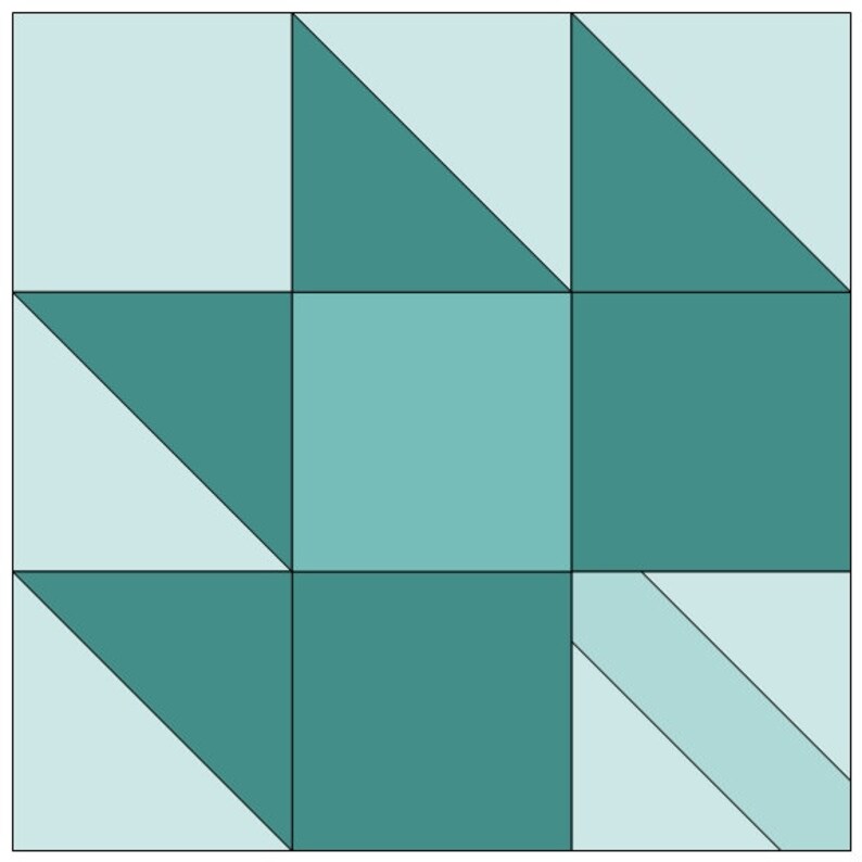 Puede incluir: Un bloque de colcha con un patr&oacute;n de estrella en el centro. El bloque est&aacute; hecho en dos colores: azul claro y turquesa.