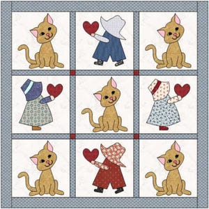 May include: A patchwork quilt with nine squares. Each square shows a tan cat or a figure holding a red heart. The figures are dressed in blue, floral, or red patterned clothes. The quilt has a light blue border.