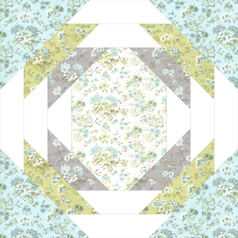 Peut inclure: Un motif de bloc de courtepointe floral avec un carr&eacute; central &agrave; motif floral blanc, entour&eacute; de tissu &agrave; motifs floraux gris, vert clair et bleu clair. Le motif est encadr&eacute; de formes g&eacute;om&eacute;triques blanches.