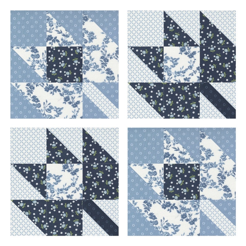 Puede incluir: Un bloque de colcha de retazos azul y blanco con un dise&ntilde;o de estrella. El bloque est&aacute; hecho de diferentes telas con patrones florales y dise&ntilde;os geom&eacute;tricos.