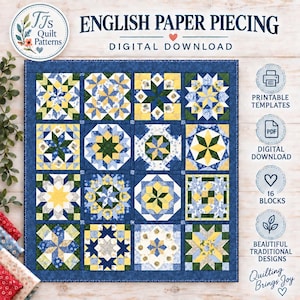 Op de afbeelding: Een digitaal downloadpatroon voor English paper piecing met een quilt van zestien blokken in blauwe, gele en groene bloemen- en geometrische prints. De tekst luidt English Paper Piecing, Digital Download, Printable Templates, PDF, 16 Blocks.