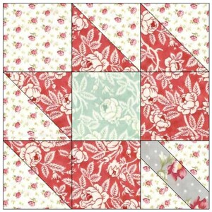 Puede incluir: Un bloque de colcha con un dise&ntilde;o de estrella hecho de retazos de tela en tonos rojos, blancos y verdes. La tela presenta un patr&oacute;n floral con rosas blancas sobre un fondo rojo.