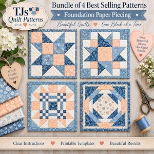 May include: A bundle of four square quilt blocks featuring foundation paper piecing patterns in blue, peach, and cream floral fabrics. The set includes text labels, decorative heart-shaped wooden tags, fabric swatches, scissors, and a spool of thread.
