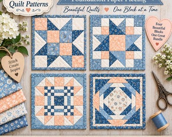 4 Quilt Block Pattern Bundle | FPP Foundation Paper Piecing PDF | Multiple Sizes | Sampler Quilt Blocks | Instant Download | Digital Pattern