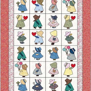 Könnte beinhalten: Ein Patchwork-Quilt mit einem sich wiederholenden Muster von Figuren in Hauben und Kleidern, die jeweils ein Herz, Blumen oder Luftballons halten. Der Quilt hat einen roten Rand und einen weißen Hintergrund mit einem Rastermuster.