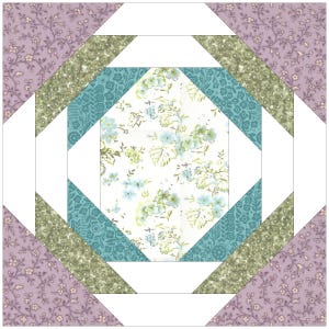 Peut inclure: Un bloc de courtepointe carr&eacute; avec un motif floral au centre, entour&eacute; de tissu &agrave; motifs sarcelle, vert et lavande. Des triangles blancs s&eacute;parent les sections &agrave; motifs, cr&eacute;ant un design g&eacute;om&eacute;trique. Le bloc est un patchwork de diff&eacute;rents tissus.