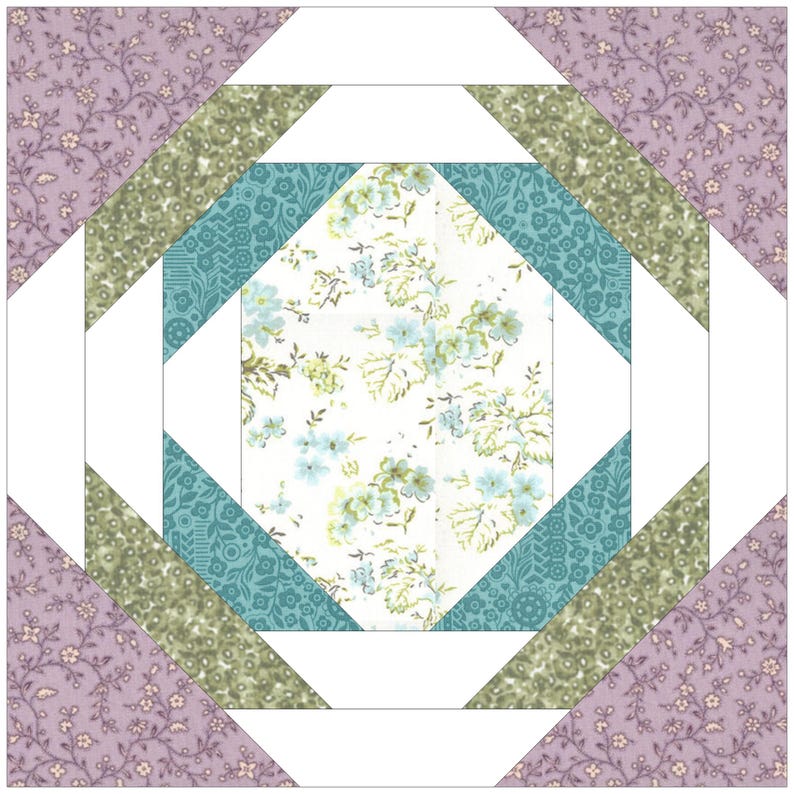 Peut inclure: Un bloc de courtepointe carr&eacute; avec un motif floral au centre, entour&eacute; de tissu &agrave; motifs sarcelle, vert et lavande. Des triangles blancs s&eacute;parent les sections &agrave; motifs, cr&eacute;ant un design g&eacute;om&eacute;trique. Le bloc est un patchwork de diff&eacute;rents tissus.