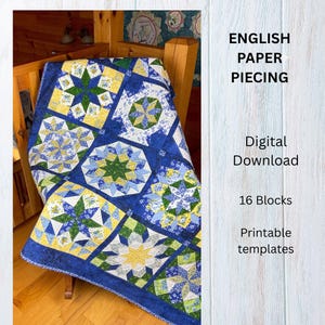 Motif de courtepointe EPP Starry Sampler : 16 blocs uniques (téléchargement PDF, 59 x 59 po.)