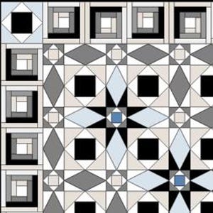 May include: A quilt block pattern with a star design in the center. The star is made up of black, white, gray, and blue squares. The background of the quilt block is white with a gray and white checkered pattern.