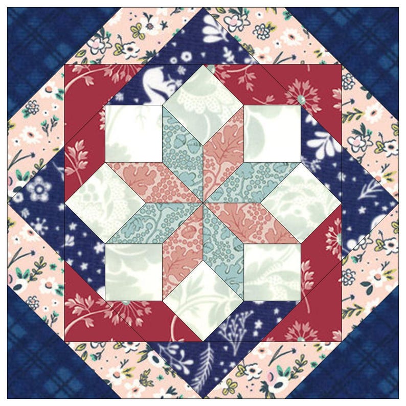 May include: A quilt block with a star design in the center. The star is made up of red, blue, and white fabric. The background of the block is a pink floral print.